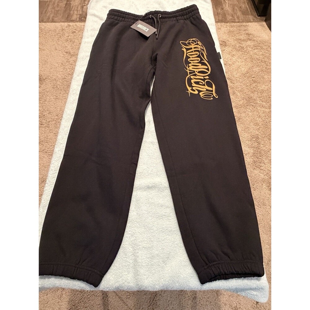 Hoodrich Mens Joggers M Black Gold Script Logo Fleece Sweatpants NWT $65